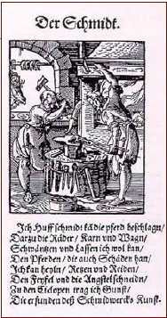 Berufsbeschreibung des Hufschmieds aus: Hans Sachs, Eygentliche Beschreibung aller Stände uff Erden, Frankfurt a. M. 1568